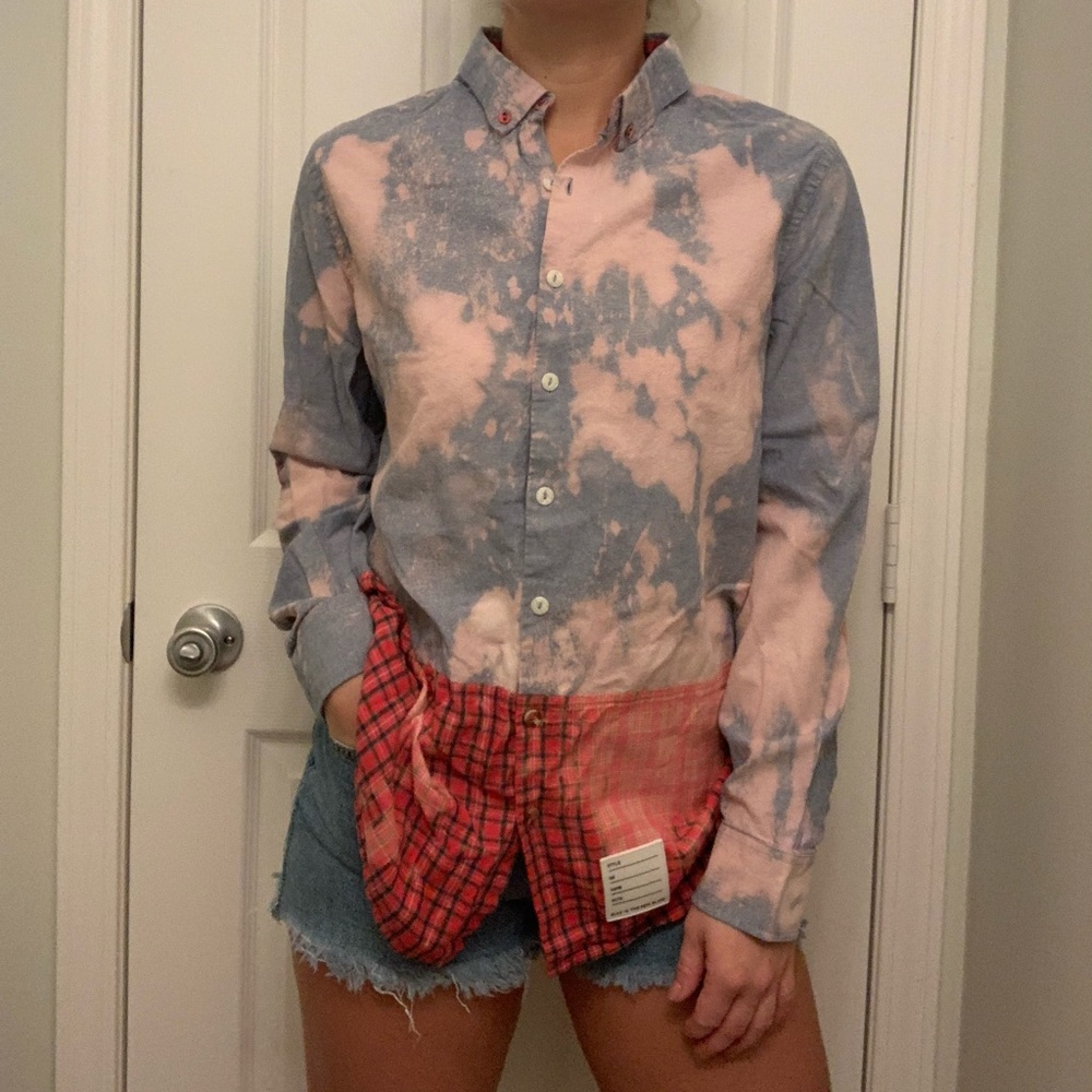 Repurposed, distressed denim button-up